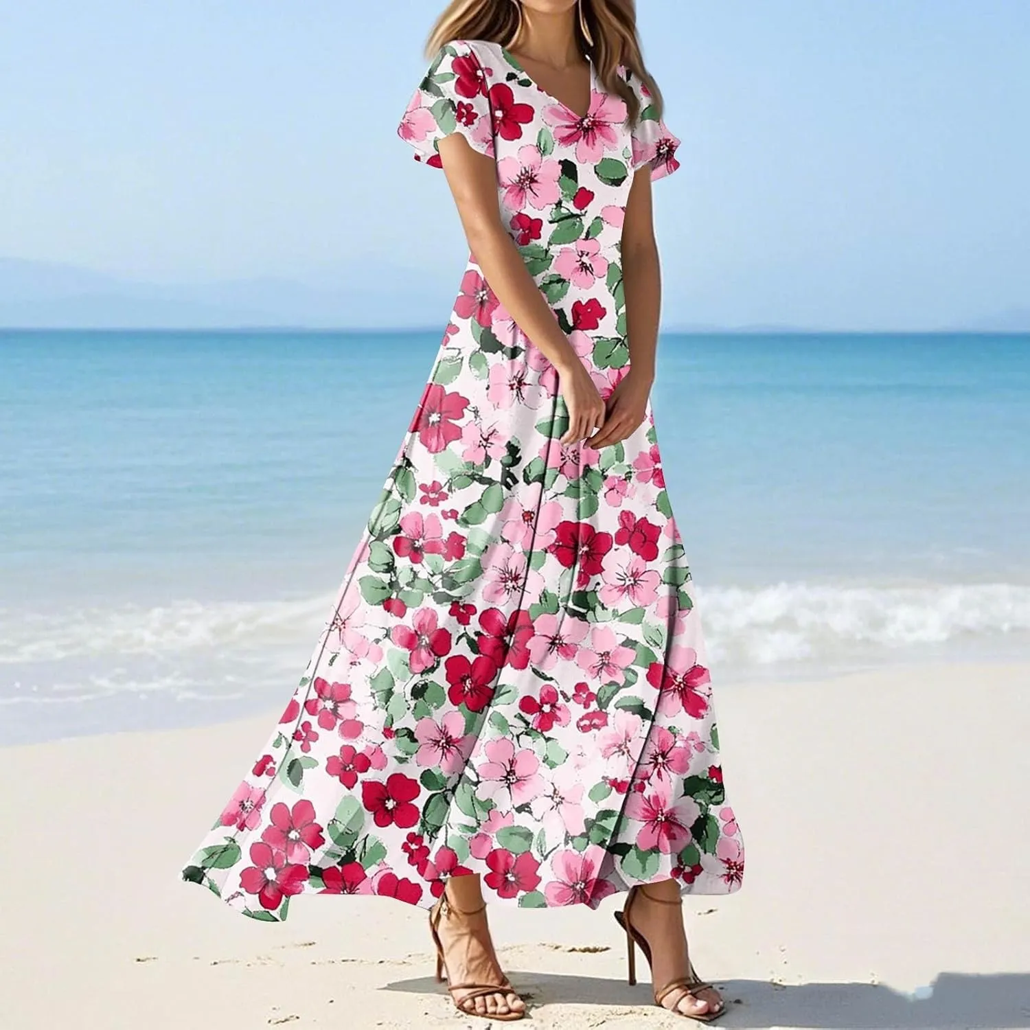 Party Dresses for Women Casual Loose Trendy Short Sleeve V-Neck Floral Print Beach Vacation Boho Maxi Dress, XS-2XL