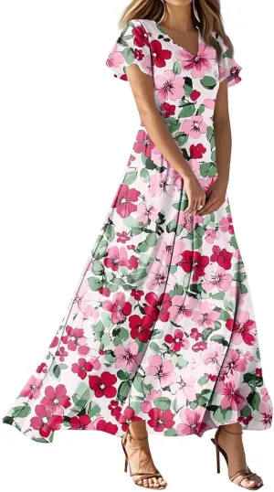 Party Dresses for Women Casual Loose Trendy Short Sleeve V-Neck Floral Print Beach Vacation Boho Maxi Dress, XS-2XL
