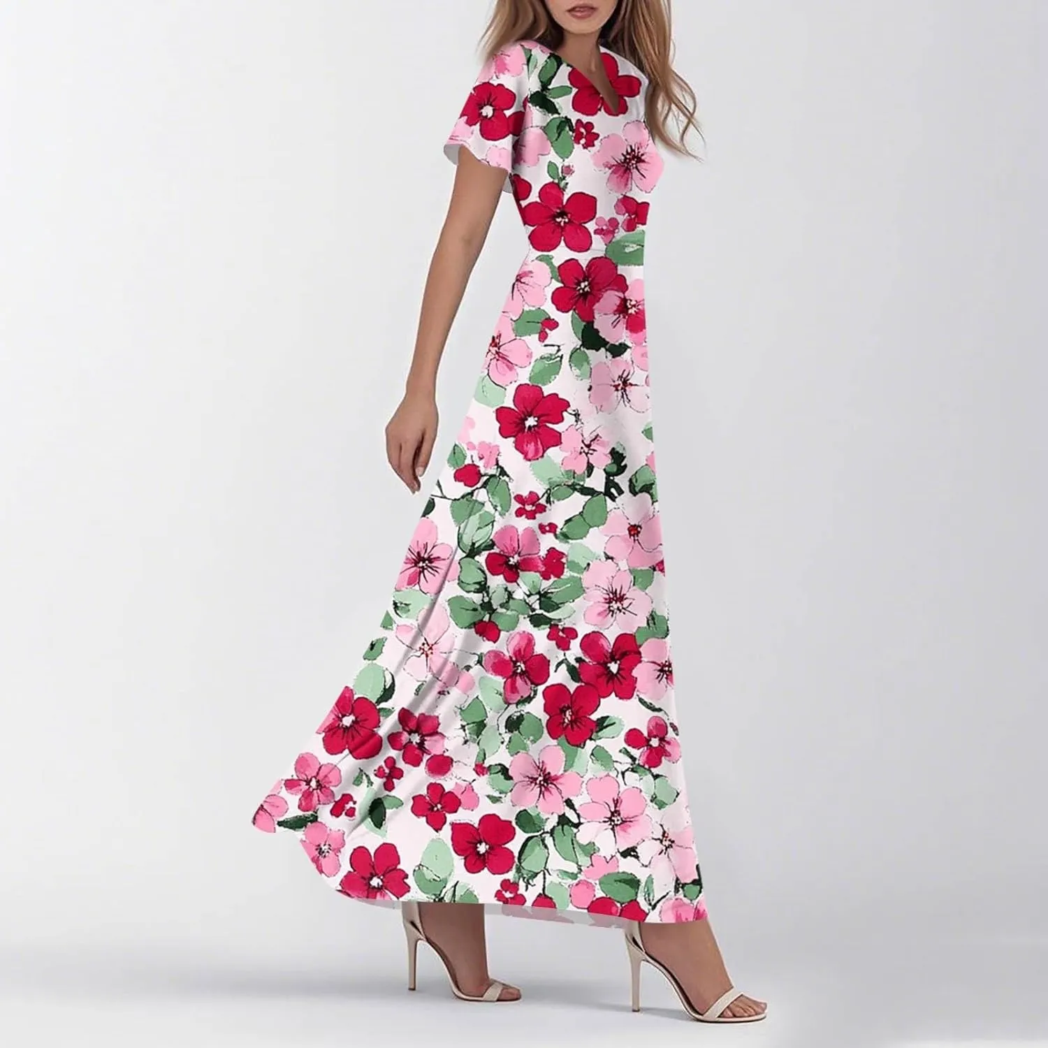 Party Dresses for Women Casual Loose Trendy Short Sleeve V-Neck Floral Print Beach Vacation Boho Maxi Dress, XS-2XL