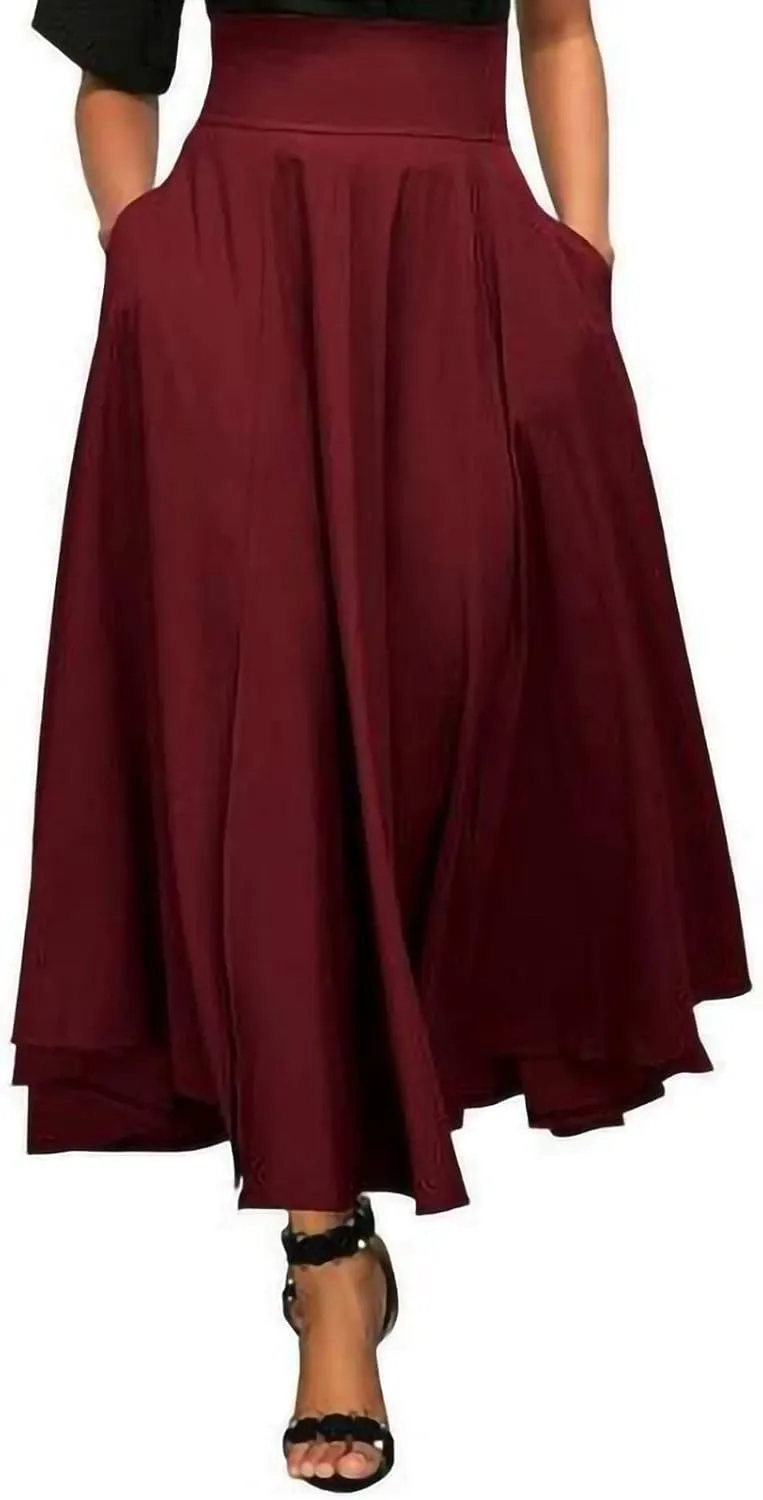 Plaid Pleated Skirts for Women High Waisted Casual Midi Length Skirt with Elastic Waist and Flowy Bohemian Design