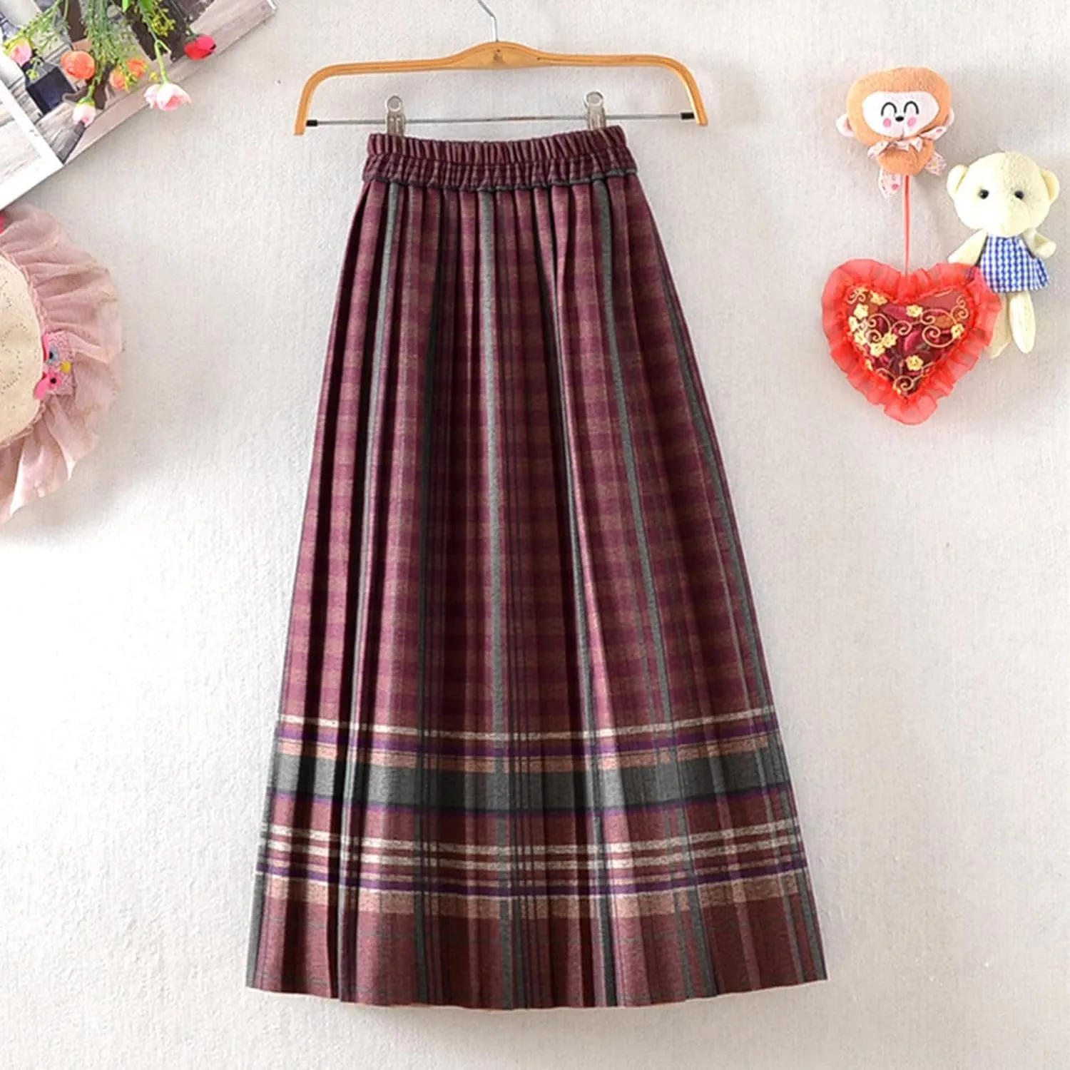 Plaid Skirt for Womens 2025 Fashion Vintage High Waist Pleated Midi Skirts Casual Comfy Soft Knee Length Swing Skirt
