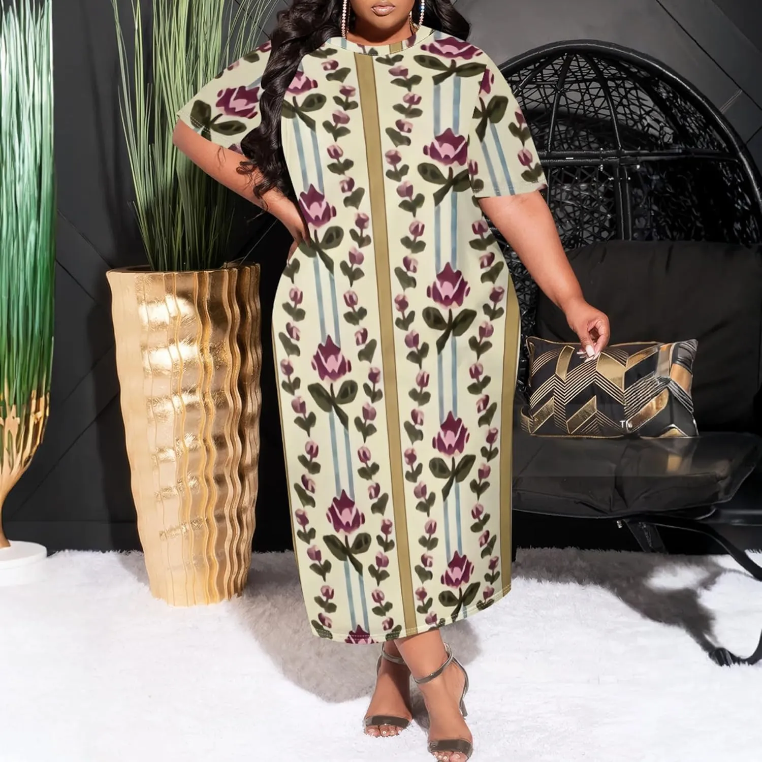 Plus Size Maxi Dresses Summer Casual Crewneck Short Sleeves Beach Sundress Loose Empire Waist T Shirt Long Dress with Pockets