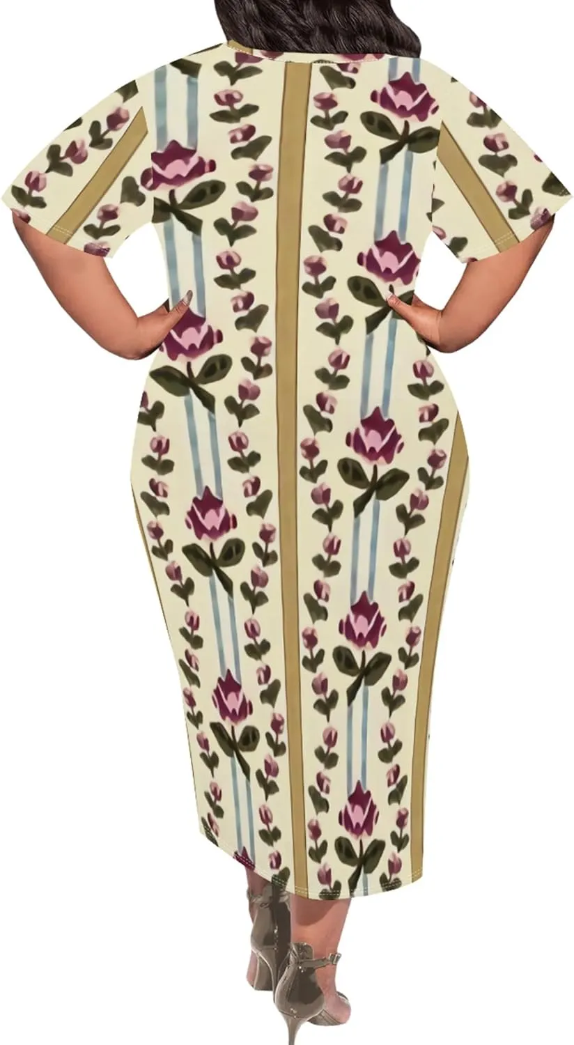 Plus Size Maxi Dresses Summer Casual Crewneck Short Sleeves Beach Sundress Loose Empire Waist T Shirt Long Dress with Pockets