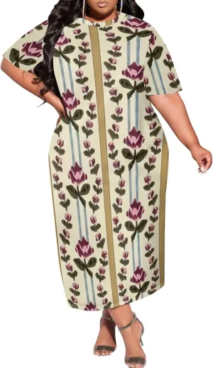 Plus Size Maxi Dresses Summer Casual Crewneck Short Sleeves Beach Sundress Loose Empire Waist T Shirt Long Dress with Pockets