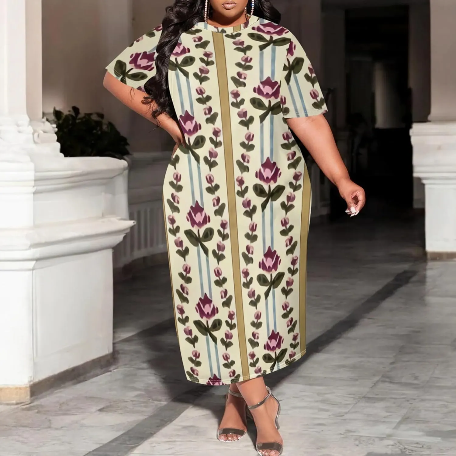 Plus Size Maxi Dresses Summer Casual Crewneck Short Sleeves Beach Sundress Loose Empire Waist T Shirt Long Dress with Pockets