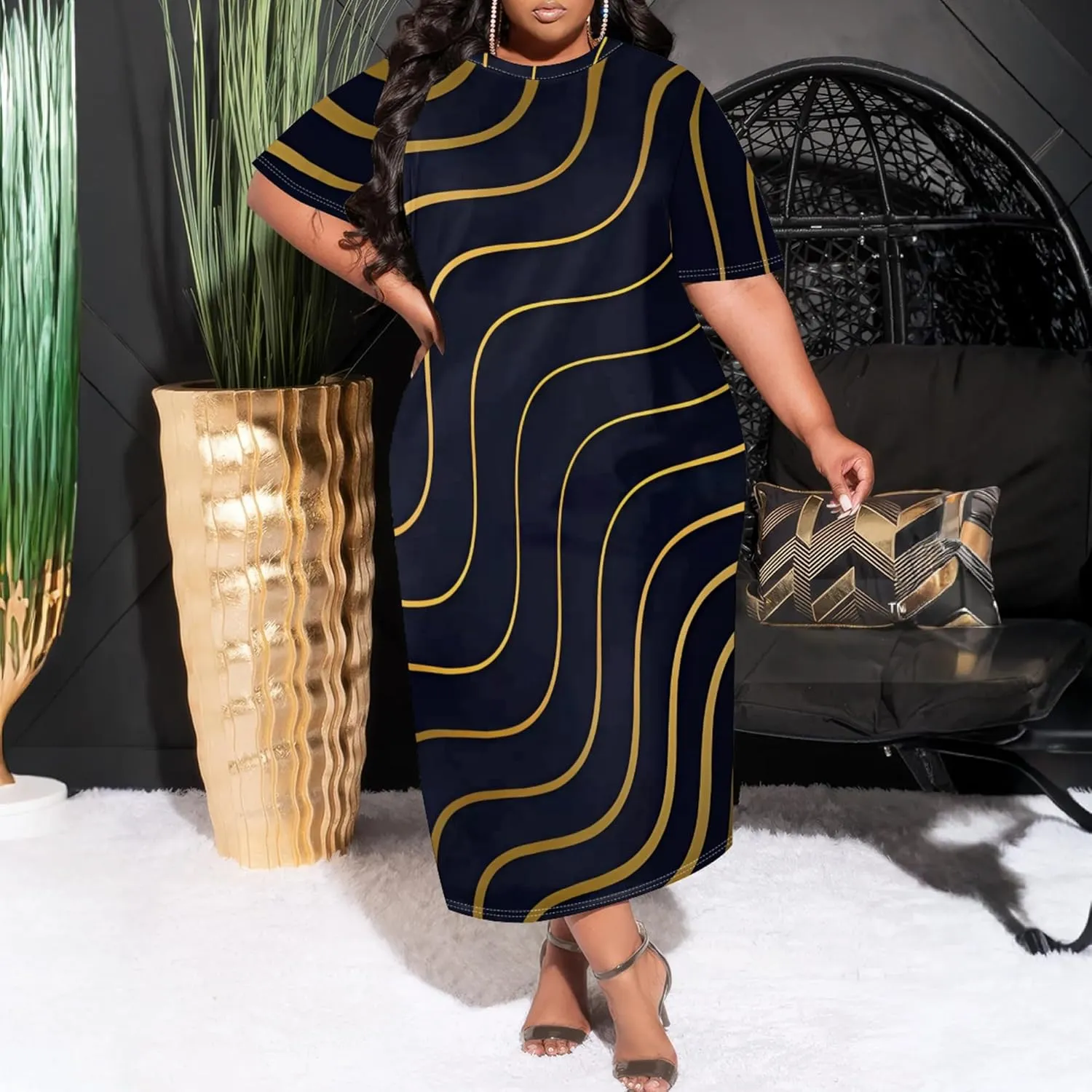 Plus Size Maxi Dresses Summer Casual Crewneck Short Sleeves Beach Sundress Loose Empire Waist T Shirt Long Dress with Pockets