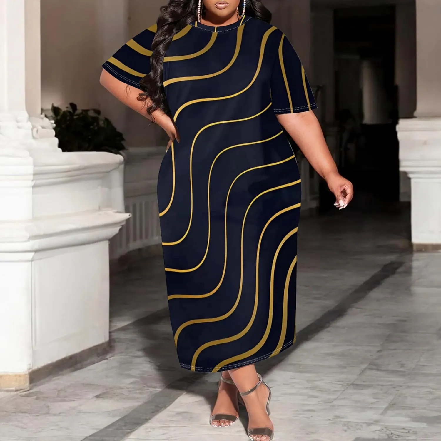 Plus Size Maxi Dresses Summer Casual Crewneck Short Sleeves Beach Sundress Loose Empire Waist T Shirt Long Dress with Pockets
