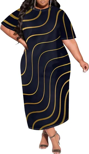 Plus Size Maxi Dresses Summer Casual Crewneck Short Sleeves Beach Sundress Loose Empire Waist T Shirt Long Dress with Pockets