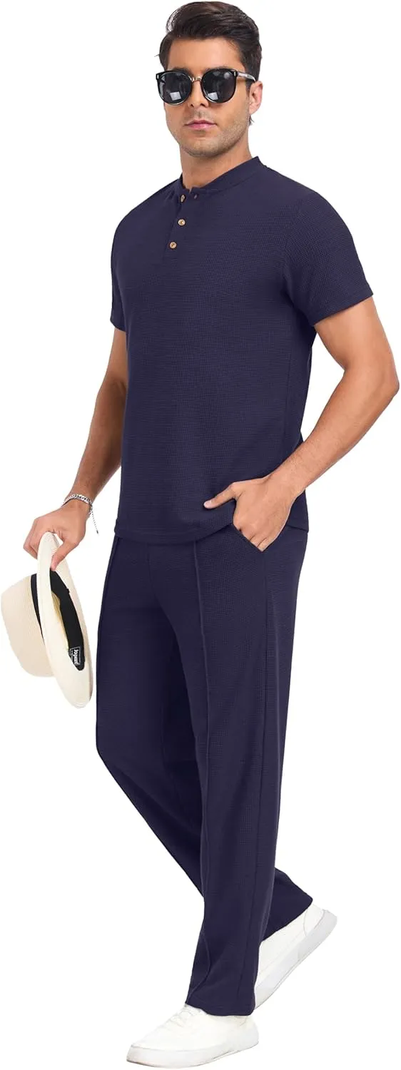 PrinStory Men's Short Sleeve Outfits Waffle Knit Henley Shirt and Pants Set Casual 2 Pieces Summer Tracksuits with Pockets