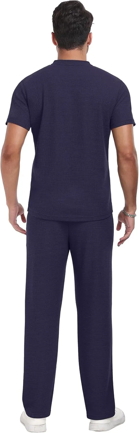 PrinStory Men's Short Sleeve Outfits Waffle Knit Henley Shirt and Pants Set Casual 2 Pieces Summer Tracksuits with Pockets