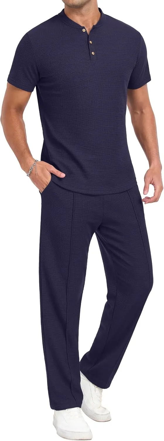 PrinStory Men's Short Sleeve Outfits Waffle Knit Henley Shirt and Pants Set Casual 2 Pieces Summer Tracksuits with Pockets