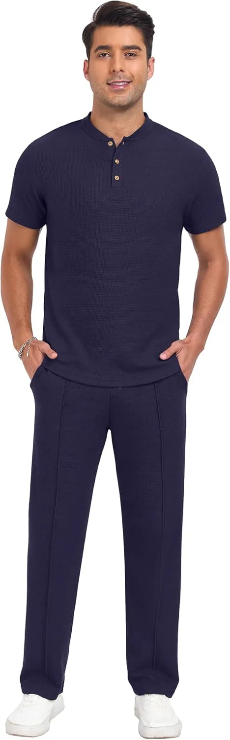 PrinStory Men's Short Sleeve Outfits Waffle Knit Henley Shirt and Pants Set Casual 2 Pieces Summer Tracksuits with Pockets