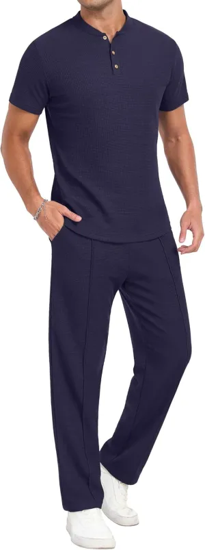 PrinStory Men's Short Sleeve Outfits Waffle Knit Henley Shirt and Pants Set Casual 2 Pieces Summer Tracksuits with Pockets