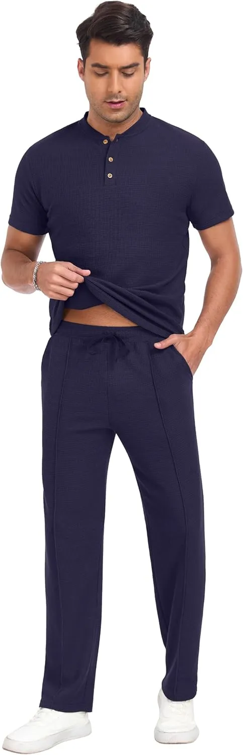 PrinStory Men's Short Sleeve Outfits Waffle Knit Henley Shirt and Pants Set Casual 2 Pieces Summer Tracksuits with Pockets
