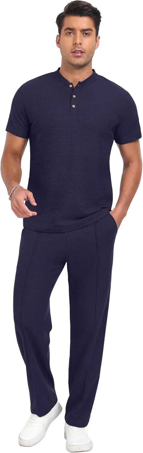 PrinStory Men's Short Sleeve Outfits Waffle Knit Henley Shirt and Pants Set Casual 2 Pieces Summer Tracksuits with Pockets