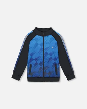 Printed Full Zip Athletic Cardigan Blue And Black