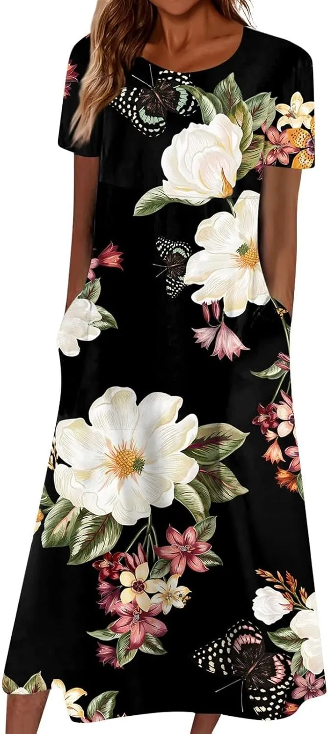 PTOLOCIF Maxi Dresses for Women,Summer Trendy Floral Printed Sundress,Casual Loose Crewneck Short Sleeve Midi Dress w/Pocket