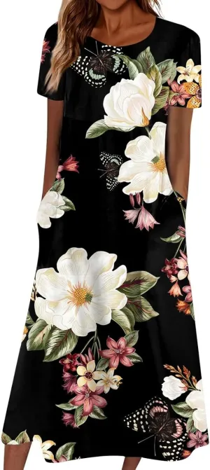 PTOLOCIF Maxi Dresses for Women,Summer Trendy Floral Printed Sundress,Casual Loose Crewneck Short Sleeve Midi Dress w/Pocket
