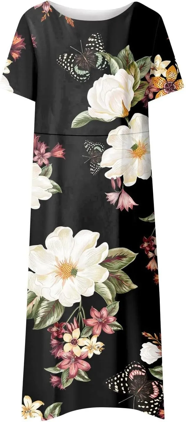 PTOLOCIF Maxi Dresses for Women,Summer Trendy Floral Printed Sundress,Casual Loose Crewneck Short Sleeve Midi Dress w/Pocket
