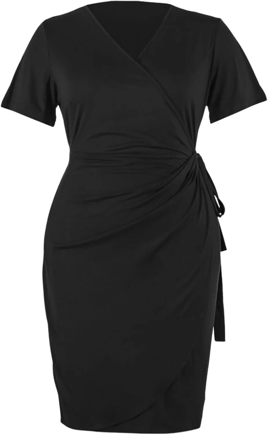 PTOLOCIF Plus Size Dresses for Curvy Women Wrap V Neck Midi Dresses Short Sleeve Ruched Bodycon Cocktail Party Dresses