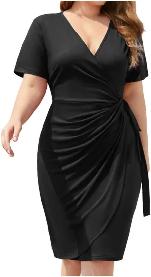 PTOLOCIF Plus Size Dresses for Curvy Women Wrap V Neck Midi Dresses Short Sleeve Ruched Bodycon Cocktail Party Dresses