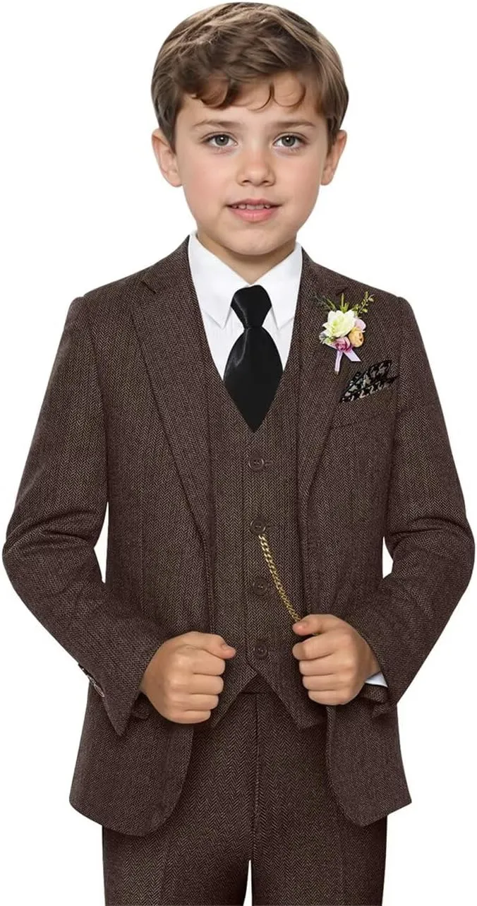 Retro 3 Piece Boys Suit Tweed Herringbone Boy Suits Slim Fit Dress Tuxedos Set Prom Teens Kids Jacket Blazer Vest Pants