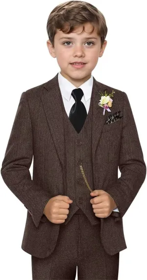 Retro 3 Piece Boys Suit Tweed Herringbone Boy Suits Slim Fit Dress Tuxedos Set Prom Teens Kids Jacket Blazer Vest Pants