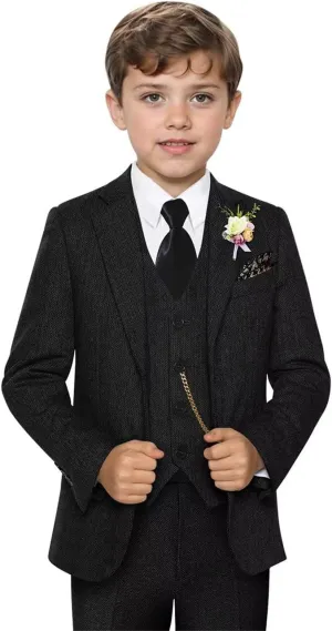 Retro 3 Piece Boys Suit Tweed Herringbone Boy Suits Slim Fit Dress Tuxedos Set Prom Teens Kids Jacket Blazer Vest Pants