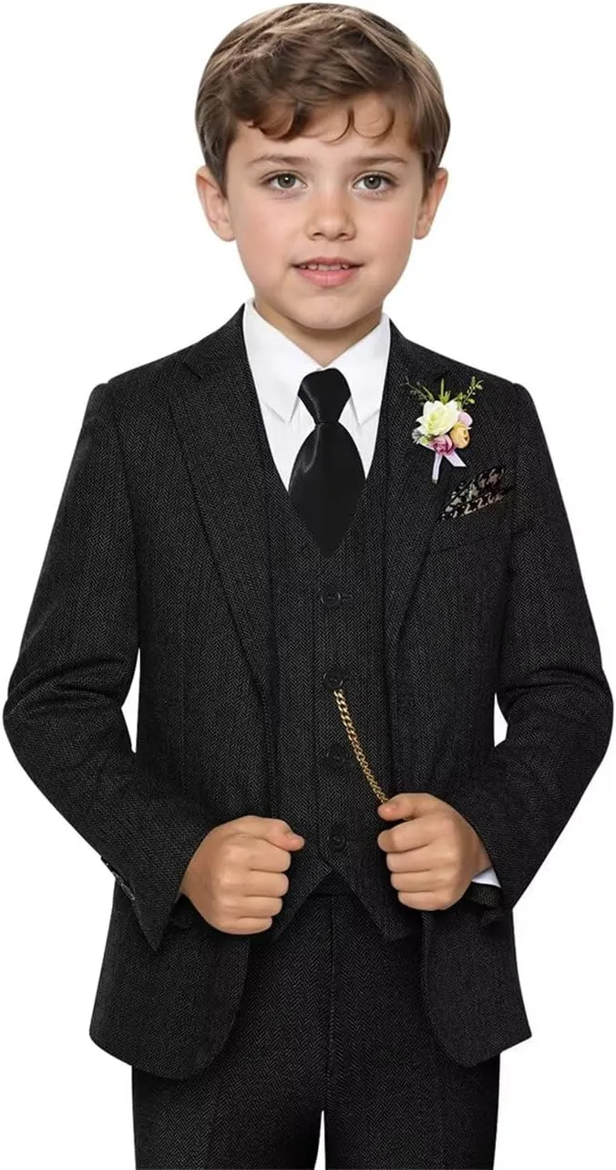 Retro 3 Piece Boys Suit Tweed Herringbone Boy Suits Slim Fit Dress Tuxedos Set Prom Teens Kids Jacket Blazer Vest Pants