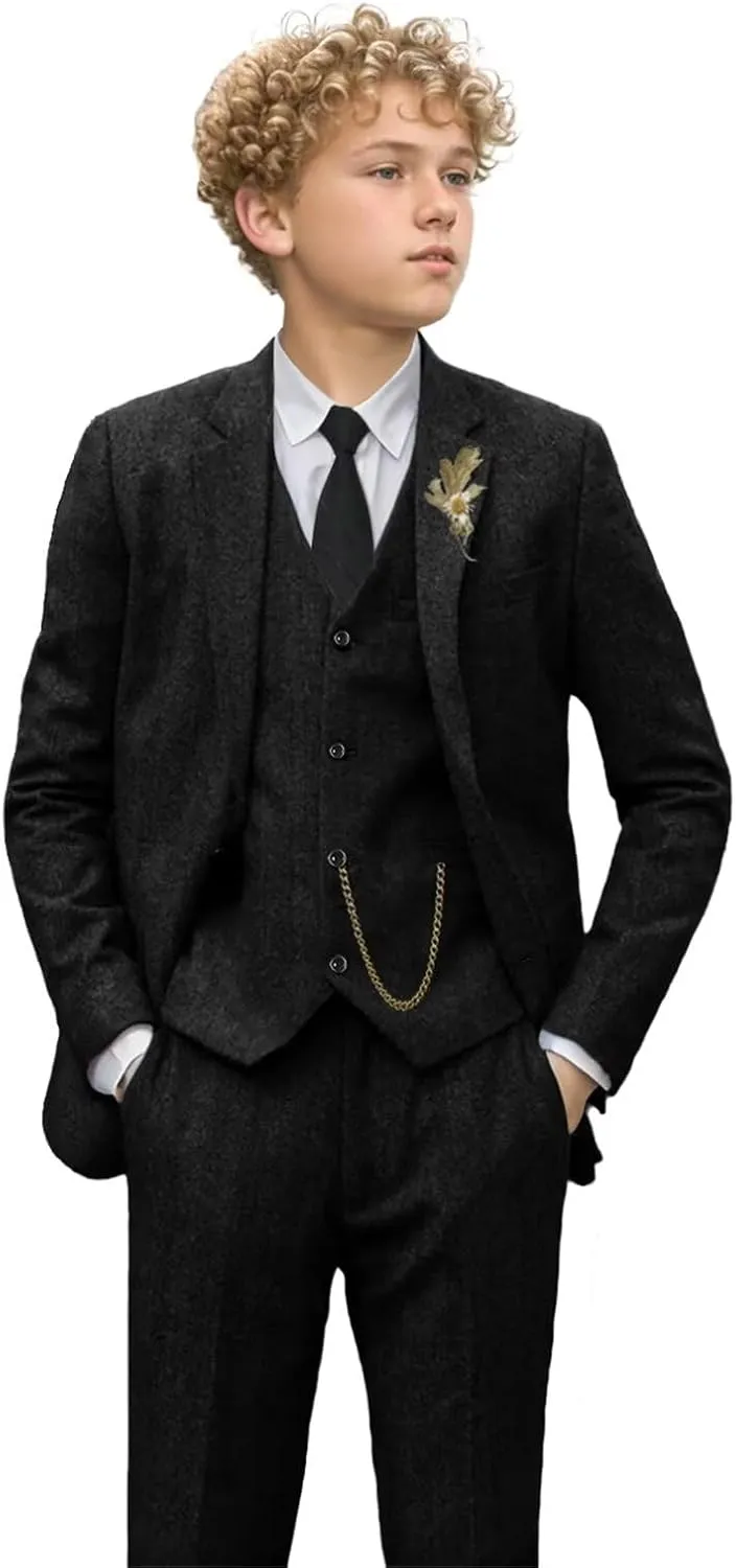 Retro 3 Piece Boys Suit Tweed Herringbone Boy Suits Slim Fit Dress Tuxedos Set Prom Teens Kids Jacket Blazer Vest Pants