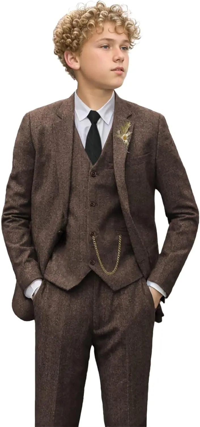 Retro 3 Piece Boys Suit Tweed Herringbone Boy Suits Slim Fit Dress Tuxedos Set Prom Teens Kids Jacket Blazer Vest Pants
