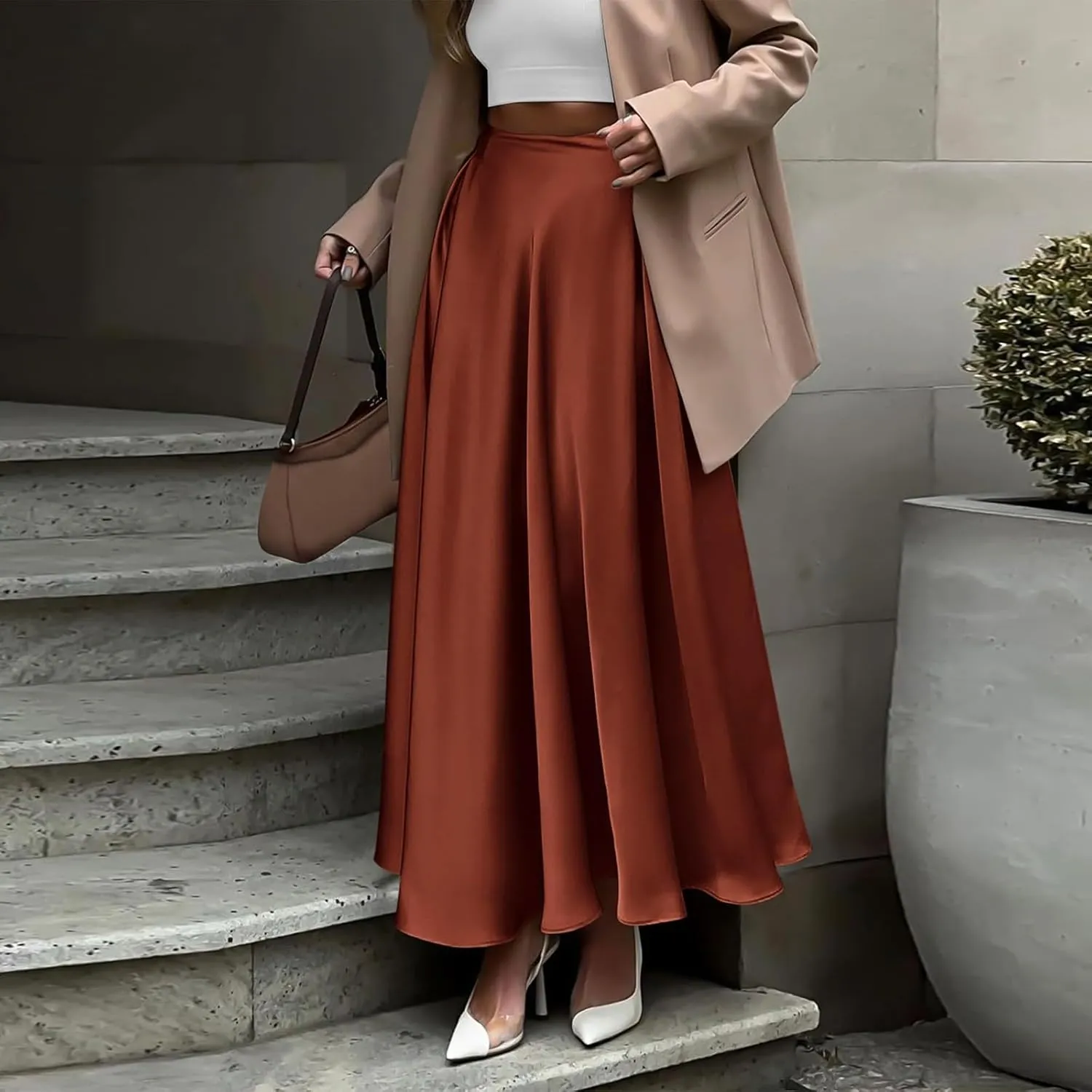 Satin Maxi Skirt Womens Long Skirts 2025 Summer Vacation Elastic High Waisted A Line Skirts Elegant Work Flowy Slip Skirt