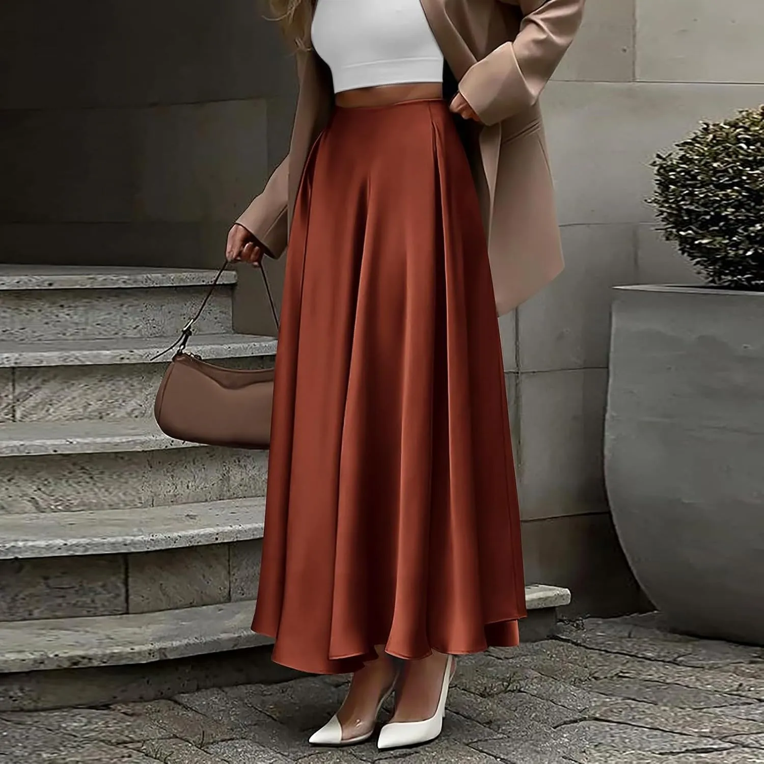 Satin Maxi Skirt Womens Long Skirts 2025 Summer Vacation Elastic High Waisted A Line Skirts Elegant Work Flowy Slip Skirt
