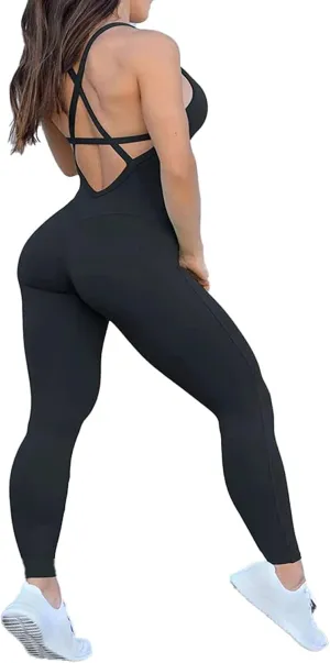 SEASUM Women Texture Bodysuit Sleevesless Sport One-Piece Backless Sexy Slimming Bodycon Rompers Jumpsuit M