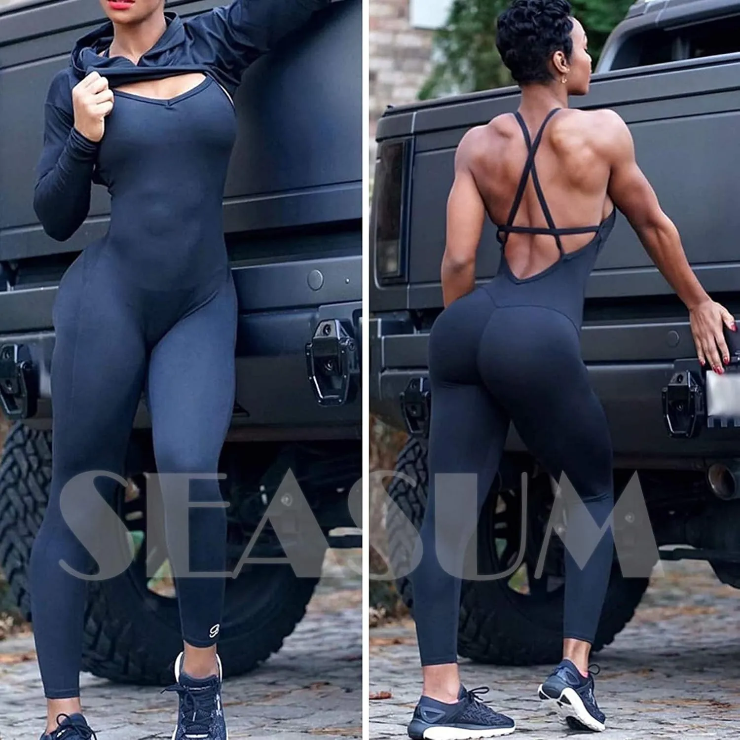 SEASUM Women Texture Bodysuit Sleevesless Sport One-Piece Backless Sexy Slimming Bodycon Rompers Jumpsuit M