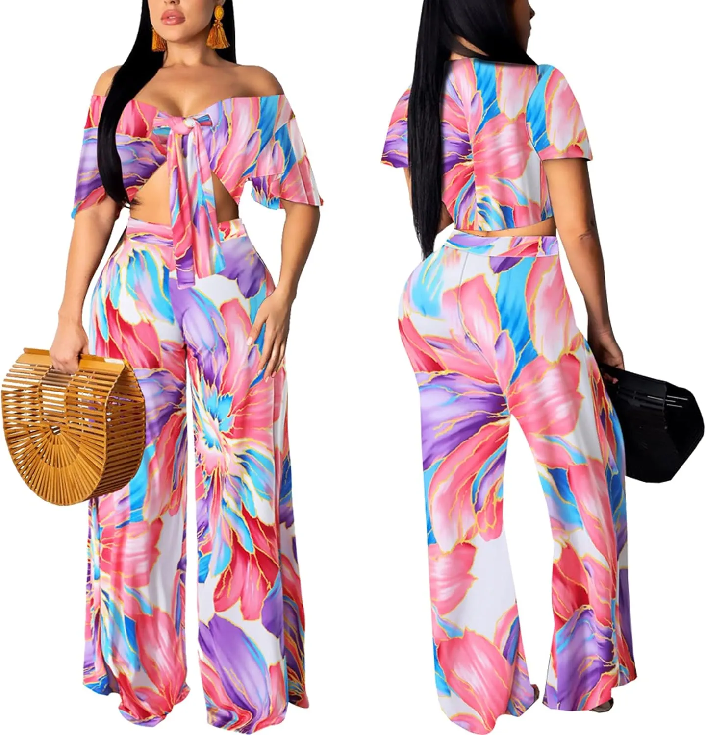 sexycherry Two Piece Outfits for Women Beach Bandage Crop Top Long Straight Pants Vacation Swimwear Cover Ups Sets