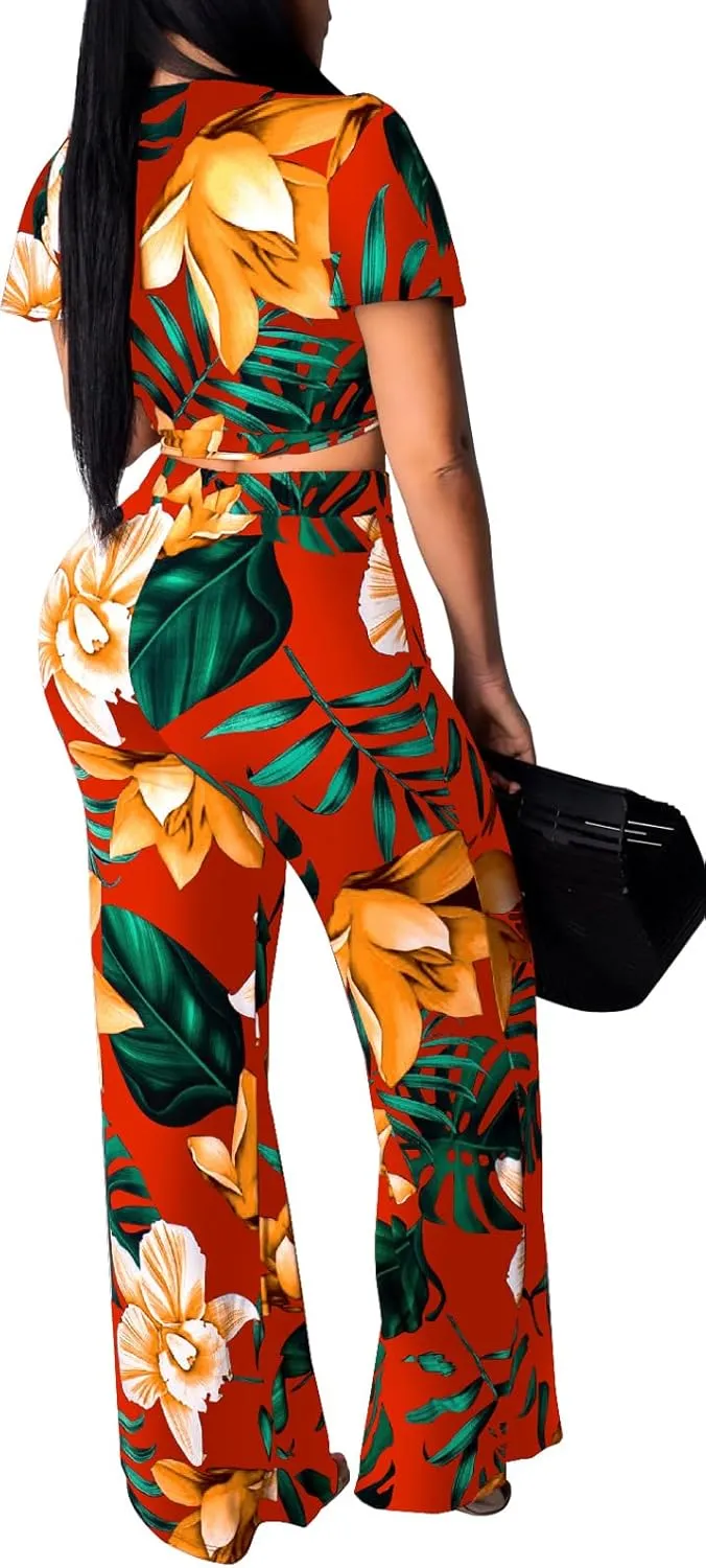 sexycherry Two Piece Outfits for Women Beach Bandage Crop Top Long Straight Pants Vacation Swimwear Cover Ups Sets