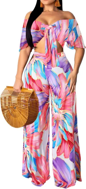 sexycherry Two Piece Outfits for Women Beach Bandage Crop Top Long Straight Pants Vacation Swimwear Cover Ups Sets