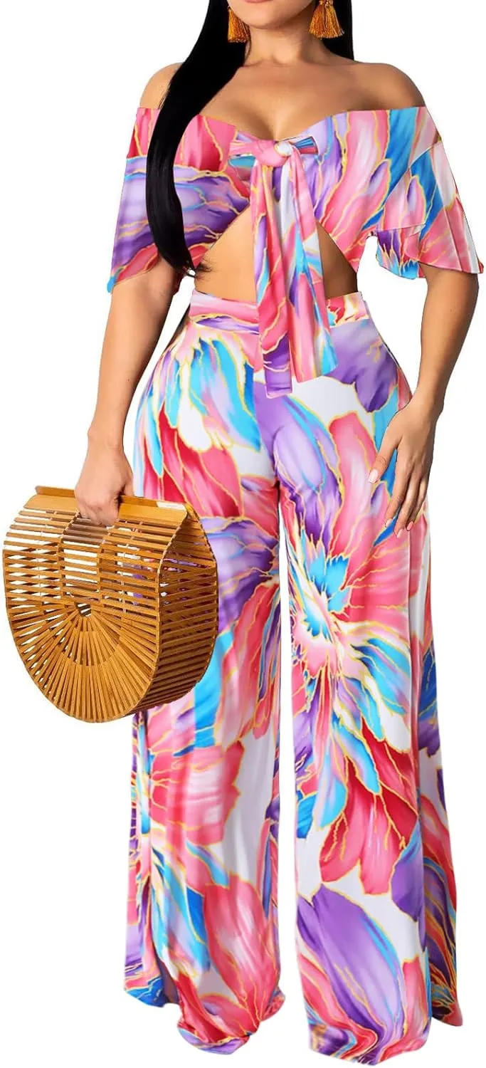 sexycherry Two Piece Outfits for Women Beach Bandage Crop Top Long Straight Pants Vacation Swimwear Cover Ups Sets