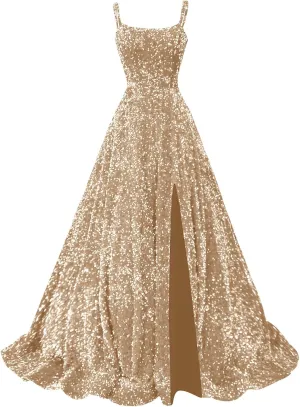 Sparkly Sequin Prom Dresses for Women 2025 Long Ball Gown Spaghetti Straps Formal Evening Gowns with Slit