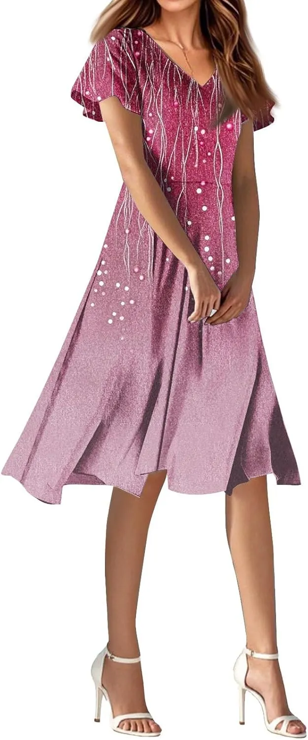 Spring Dresses for Women 2025 Casual Flowy Wedding Dress Ruffle Short Sleeve Floral Dresses Midi Chiffon Dress