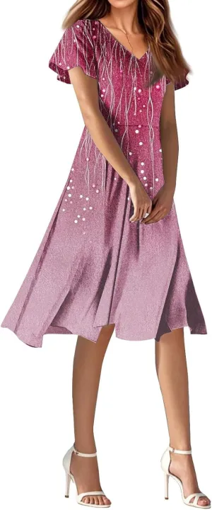 Spring Dresses for Women 2025 Casual Flowy Wedding Dress Ruffle Short Sleeve Floral Dresses Midi Chiffon Dress