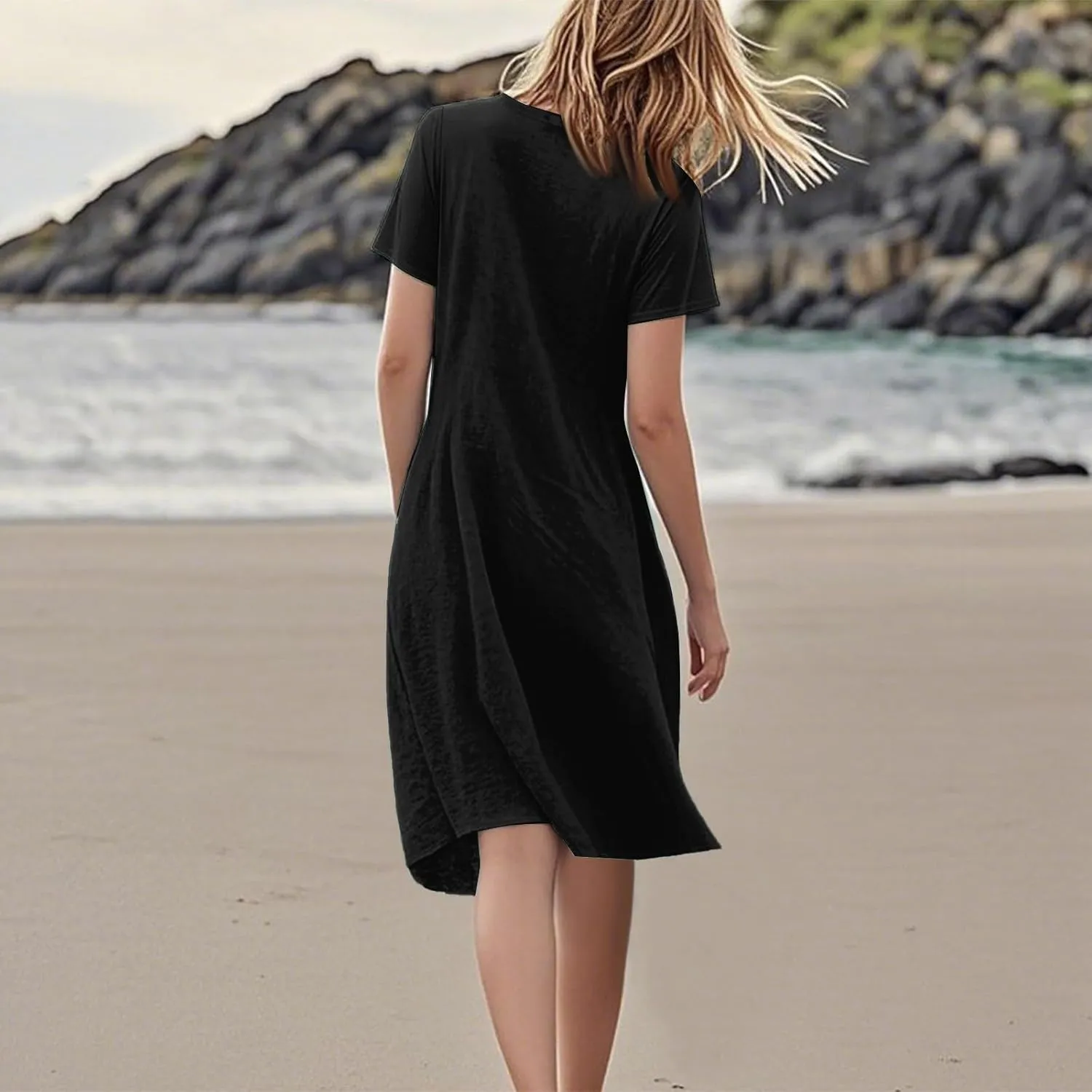 Spring Dresses for Women 2025 Short Sleeve Beach U Neck T Shirt Dress Knee Length Fashion Summer Basic Vacation Outfits