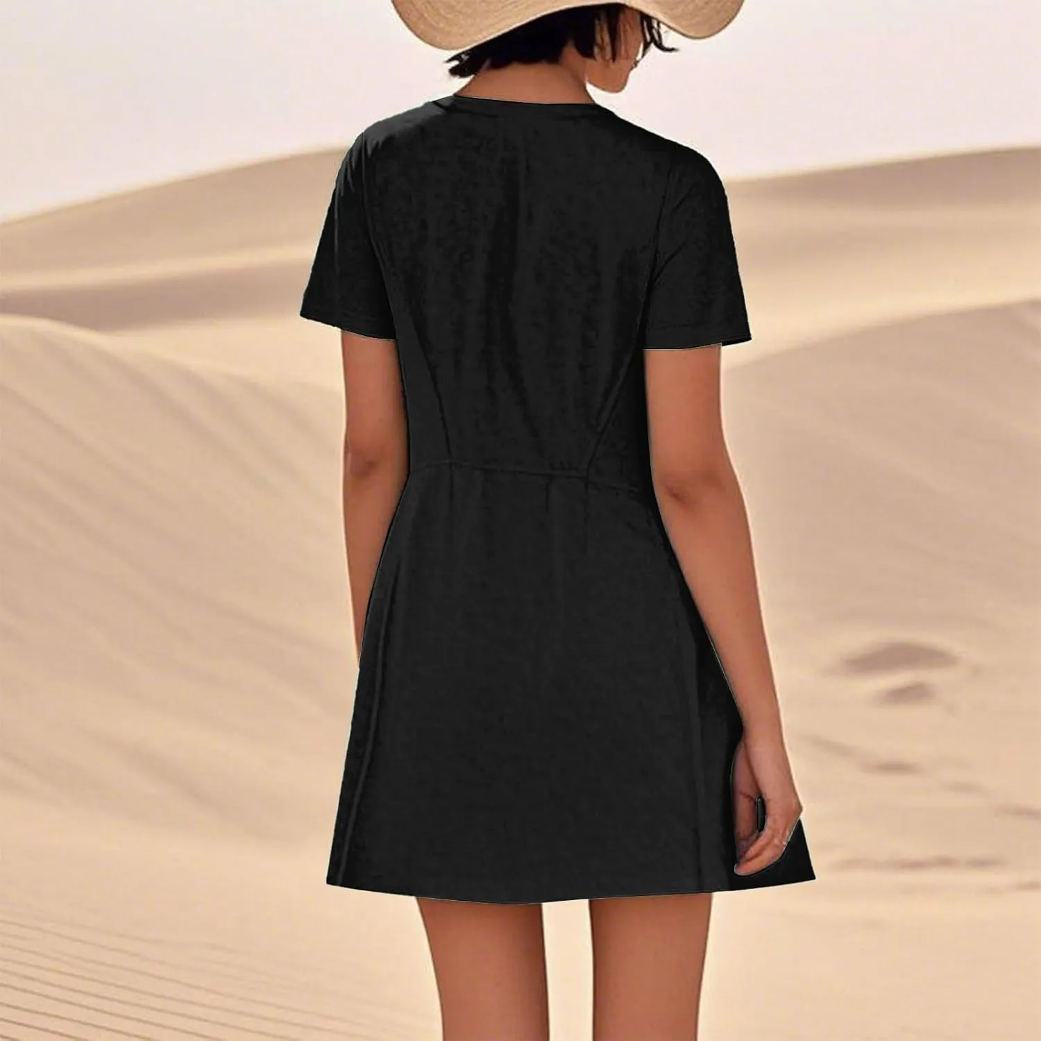Spring Dresses for Women 2025 Short Sleeve Beach U Neck T Shirt Dress Knee Length Fashion Summer Basic Vacation Outfits