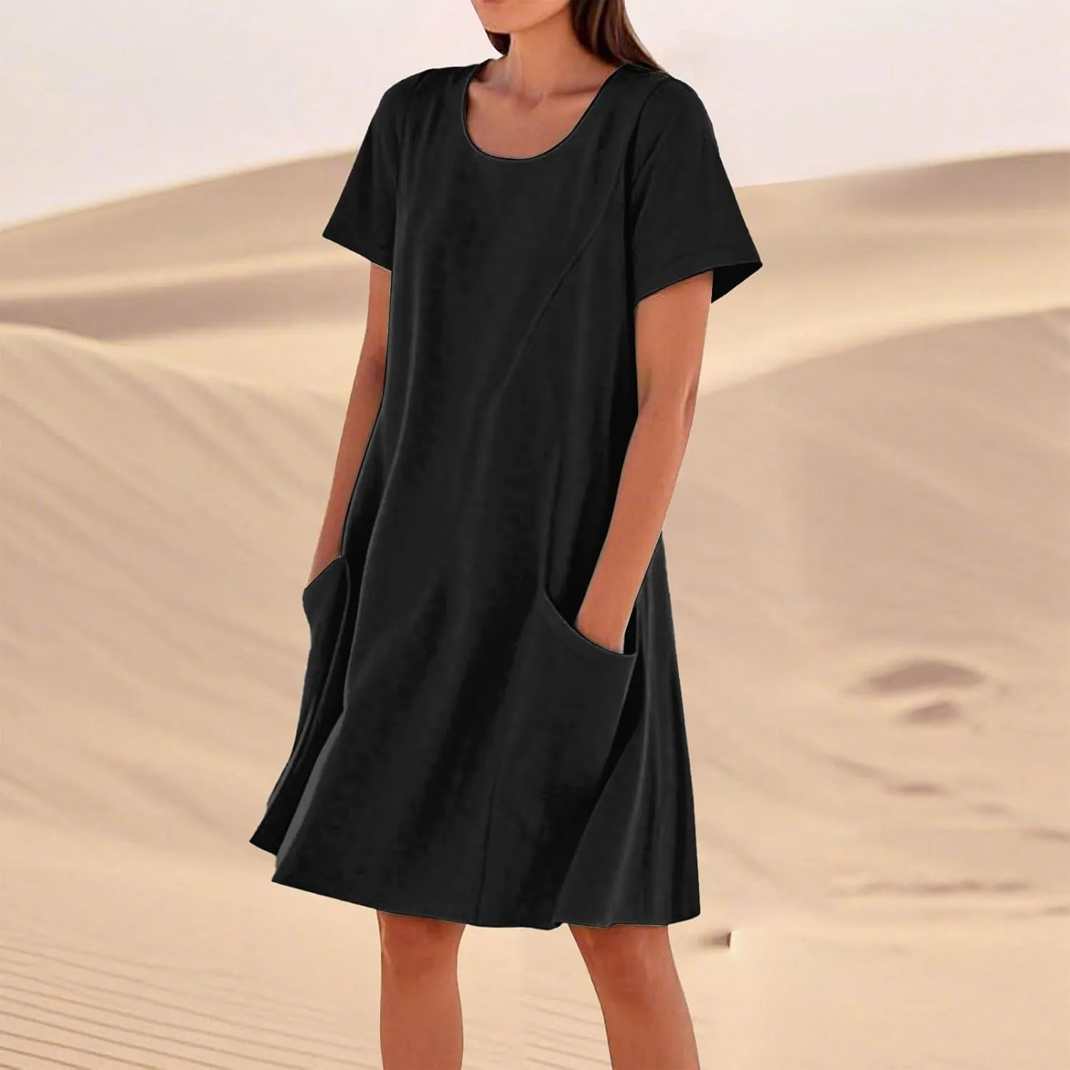 Spring Dresses for Women 2025 Short Sleeve Beach U Neck T Shirt Dress Knee Length Fashion Summer Basic Vacation Outfits