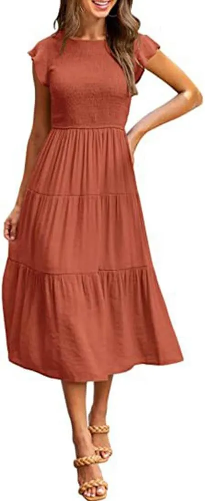 Summer Dress Flutter Short Sleeve Casual Dresses Cross Smocked Midi Swing Beach Sundress