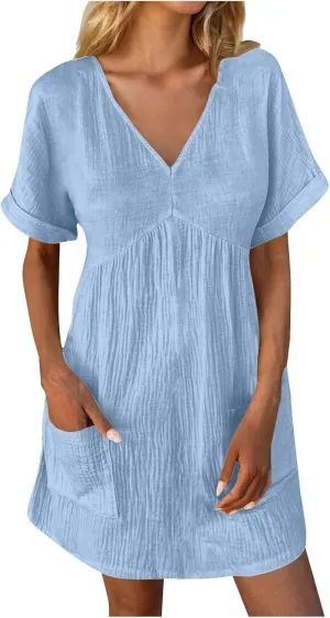 Summer Dress for Women 2024 Trendy Casual V-Neck Short Sleeve Solid Sundress Loose Flowy Beach Dress with Pockets
