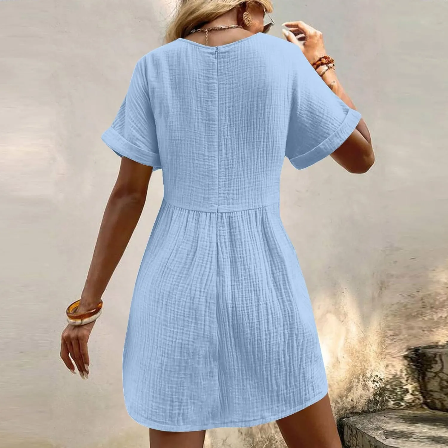 Summer Dress for Women 2024 Trendy Casual V-Neck Short Sleeve Solid Sundress Loose Flowy Beach Dress with Pockets