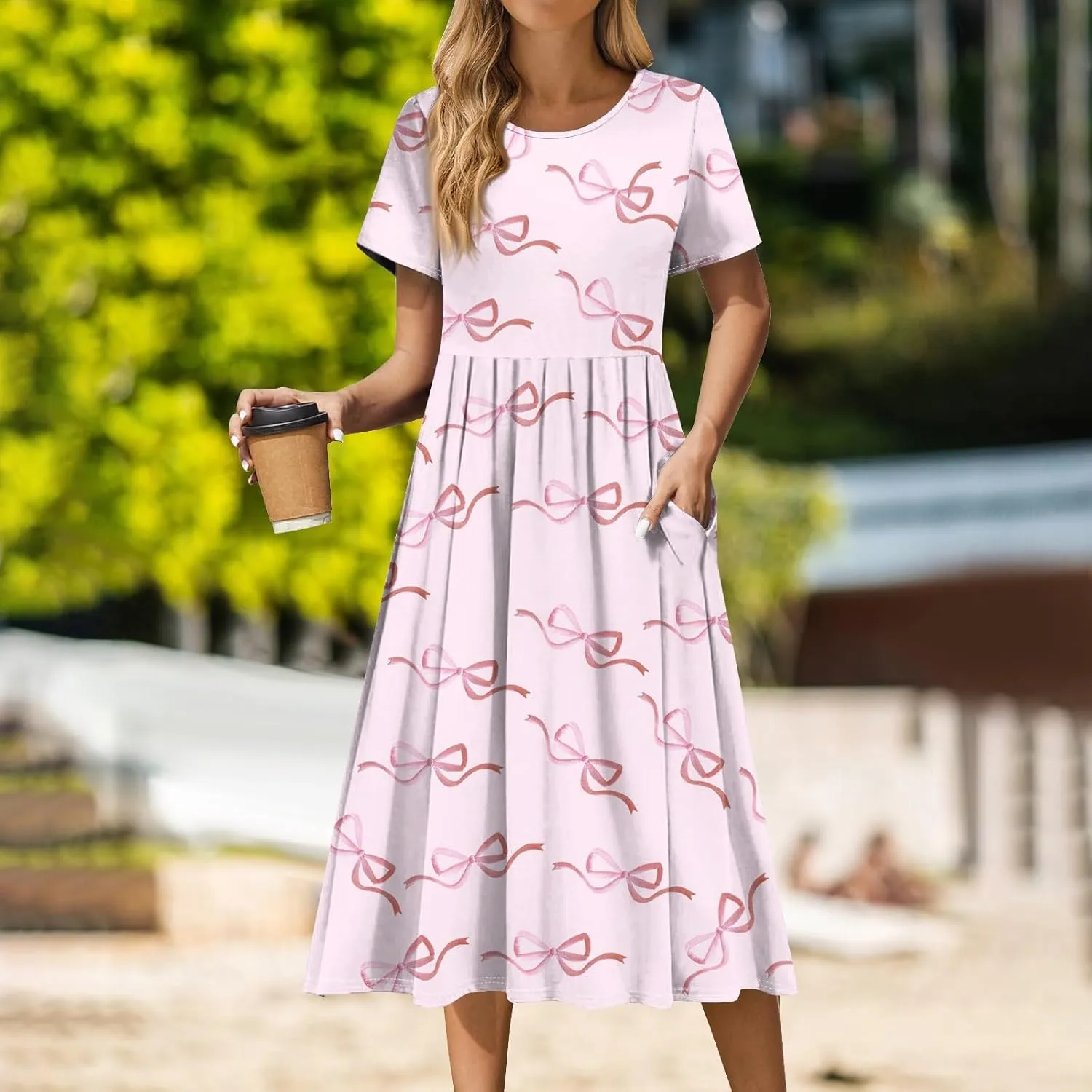 Summer Dresses for Women 2025 Beach Boho Hawaiian Casual Crewneck Short Sleeve Midi Formal Bodycon Vacation Sun Dress