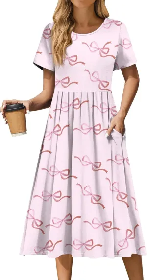 Summer Dresses for Women 2025 Beach Boho Hawaiian Casual Crewneck Short Sleeve Midi Formal Bodycon Vacation Sun Dress